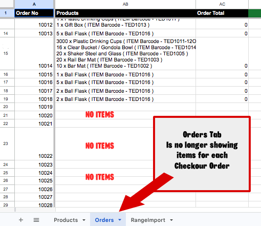 items on tab